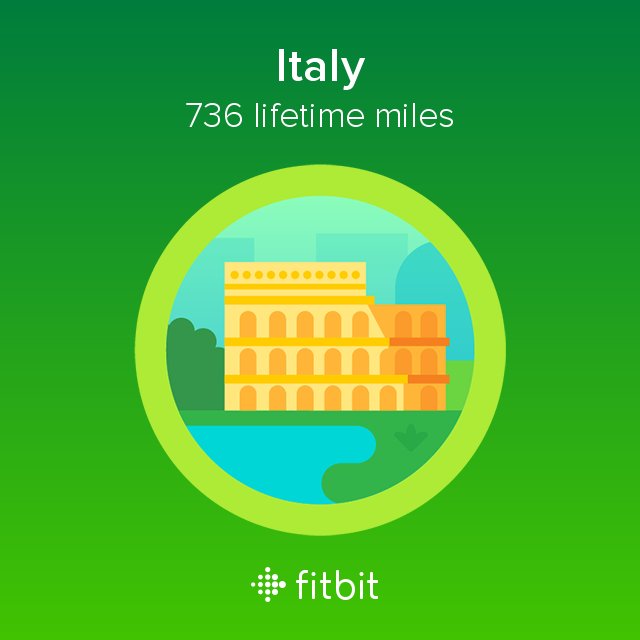 purplerawrose's tweet photo. I covered 736 miles with my #Fitbit and earned the Italy badge.#fitness #droppingsizes #yesyes https://t.co/UQW0cLBmZN