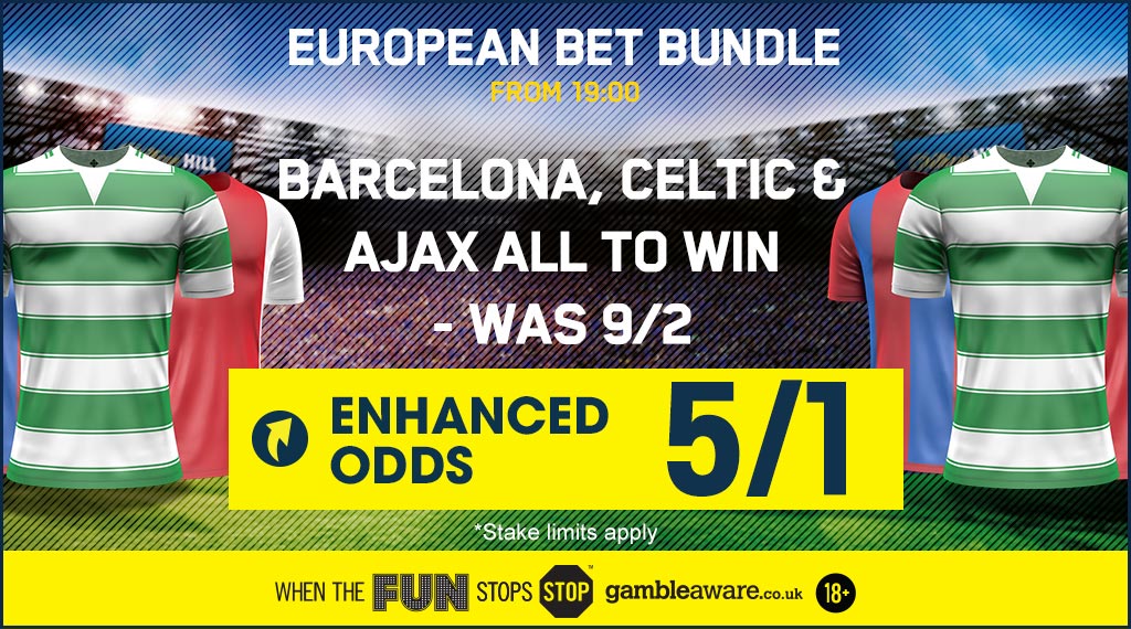 WilliamHill's tweet photo. Don't miss our European Bet Bundle - Barcelona, Celtic &amp; Ajax all to win - Now 5/1 #WHOffers https://t.co/aktbx58MGR