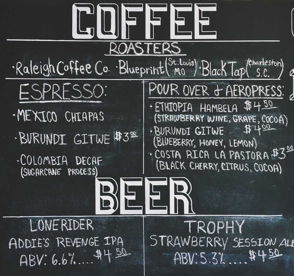 Updated coffee &amp; beer menus with @raleighcoffeeco @blueprintcoffee @blacktapcoffee @trophybrewing <a href="/loneriderbeer/">Lonerider Brewing 🍺</a>!