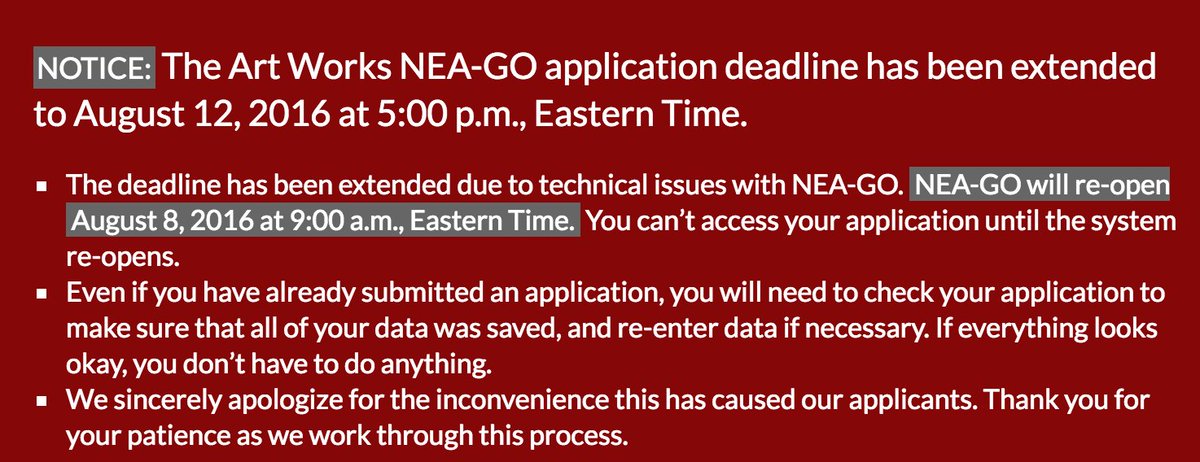 Important info on new deadline for NEA-GO Art Works applications. Please RT