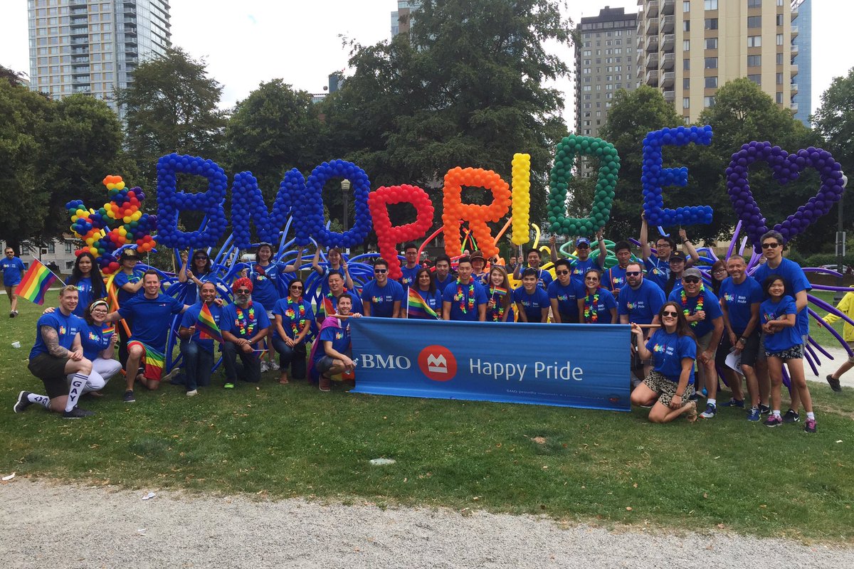BMO's tweet photo. We were so proud to be part of the #VanPride2016 parade this weekend! Thanks for having us out, @vancouverpride. 🌈 https://t.co/5AgMBkSQkX
