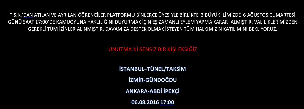 tskaaplatform's tweet photo. T.S.K.'DAN AT. VE AY. ÖĞR. PLAT. ÜYELERİ VE DEĞERLİ HALKIMIZ, 6 AĞUSTOS 17:00'DEKİ BASIN AÇIKLAMAMIZA DAVETLİSİNİZ. https://t.co/rAmC8s2x8L