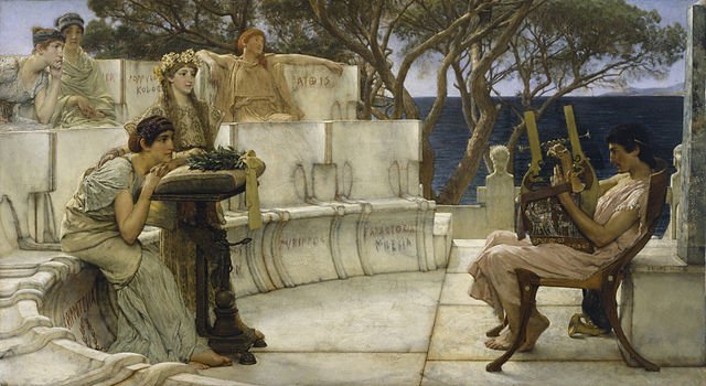 Libroantiguo's tweet photo. Greek lyric poet Sappho and her companions listening as the poet Alcaeus plays a kithara, on the island of Lesbos. https://t.co/0GorMi9dYV