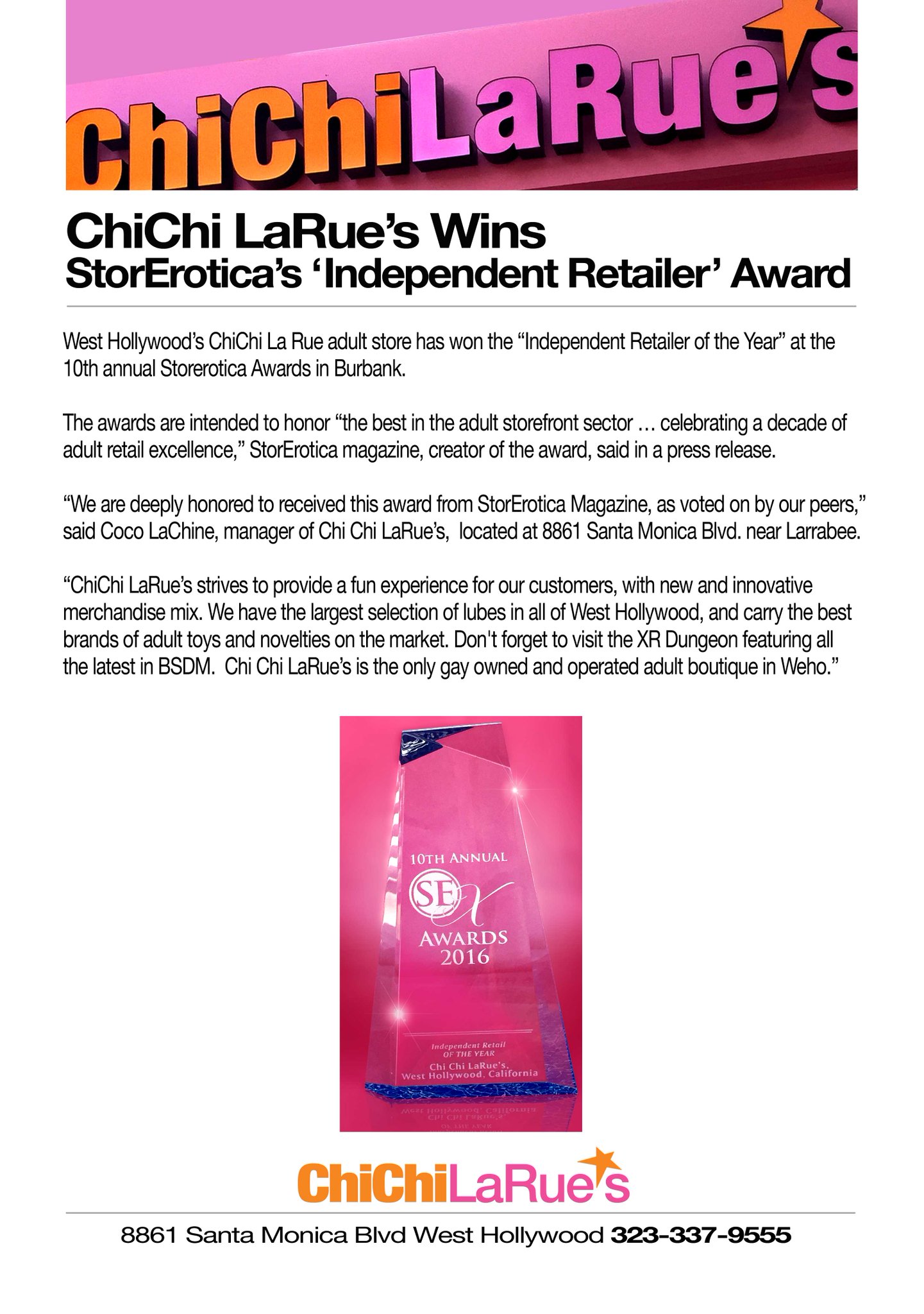 #IndependentRetailer2016 Thank you! @Storerotica_Mag @DJChiChiLaRue #gayowned @boneyardtoys  https://t