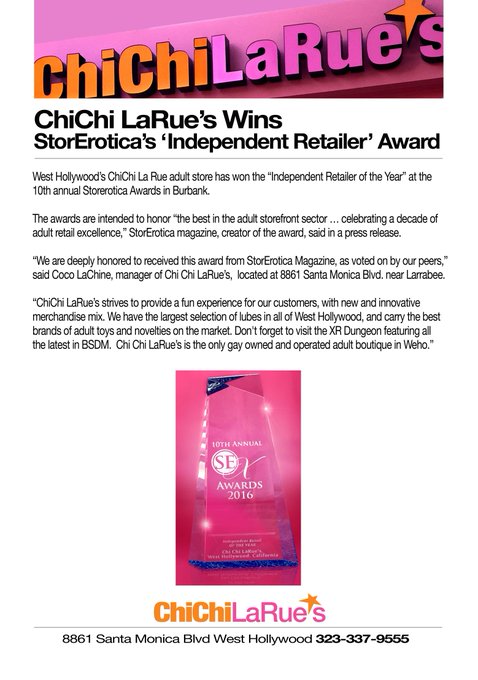 #IndependentRetailer2016 Thank you! @Storerotica_Mag @DJChiChiLaRue #gayowned @boneyardtoys  https://t