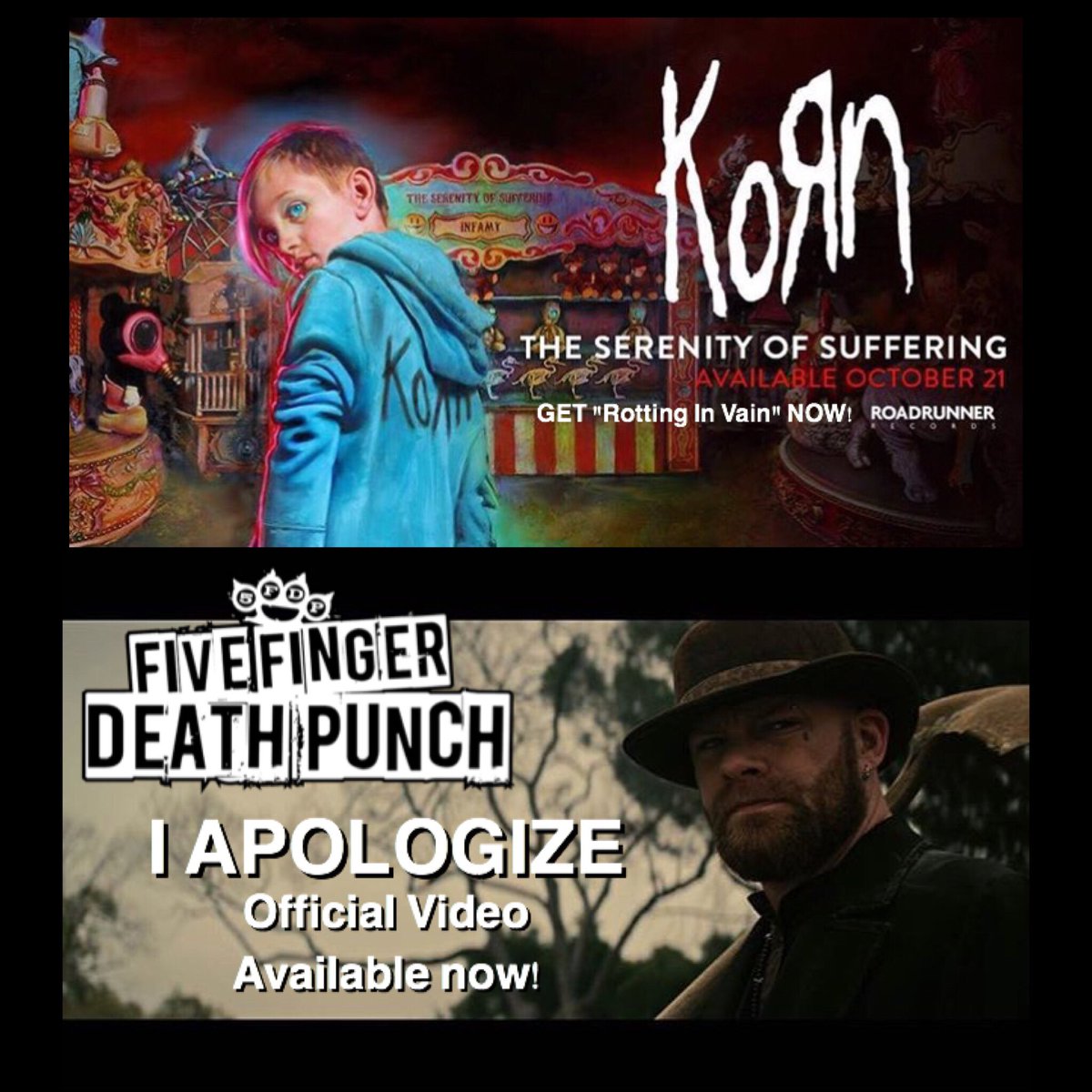 n4_red's tweet photo. Our brothers in koRn &amp; 5FDP released music videos today! Check them out! #koRn #RottingInVain #5FDP #IApologize https://t.co/eZtiqnjyga