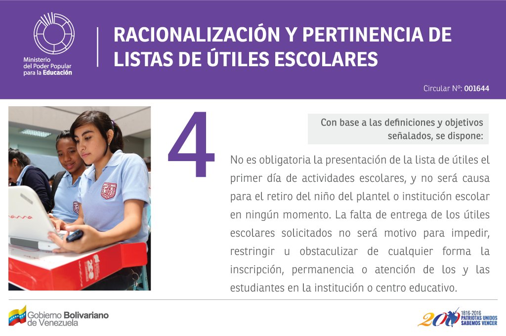 mineducacion_ve's tweet photo. Centros educativos oficiales no podrán solicitar aportes en dinero para inscripciones 2016-2017 #EducaciónGratuita https://t.co/82g6w0q1B6