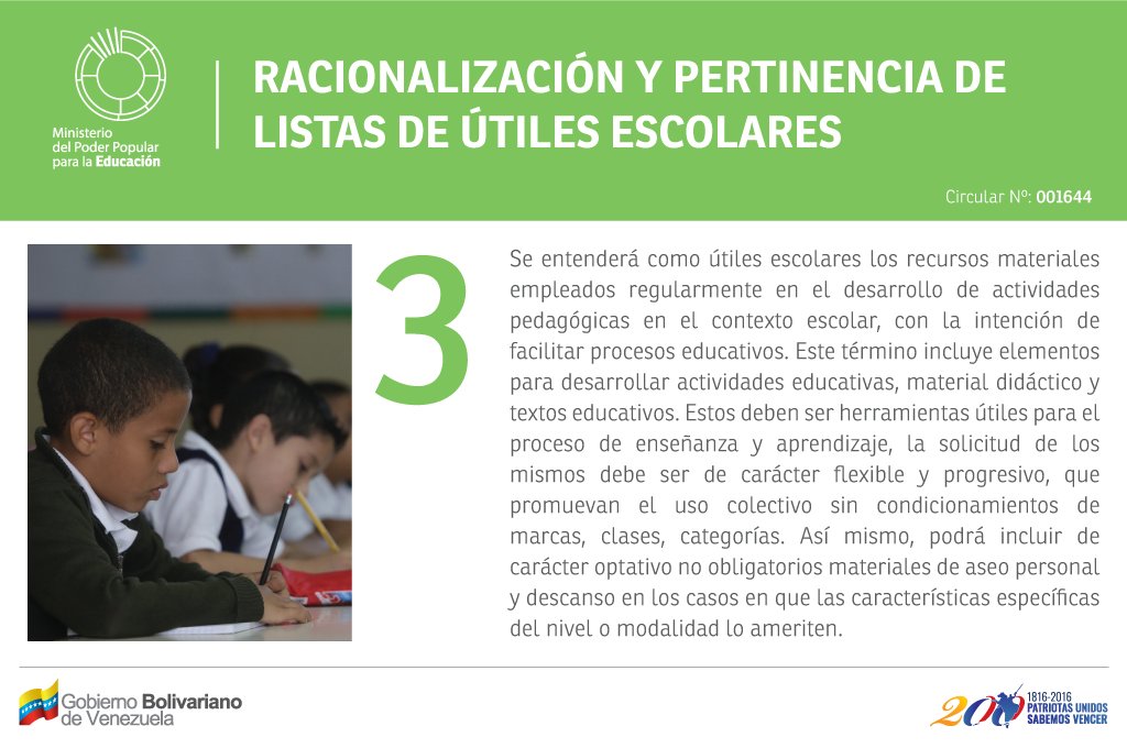 mineducacion_ve's tweet photo. Lista de útiles escolares no es un requisito primordial, garantizando inclusión de niños y niñas #EducaciónGratuita https://t.co/f2IZmcot2X