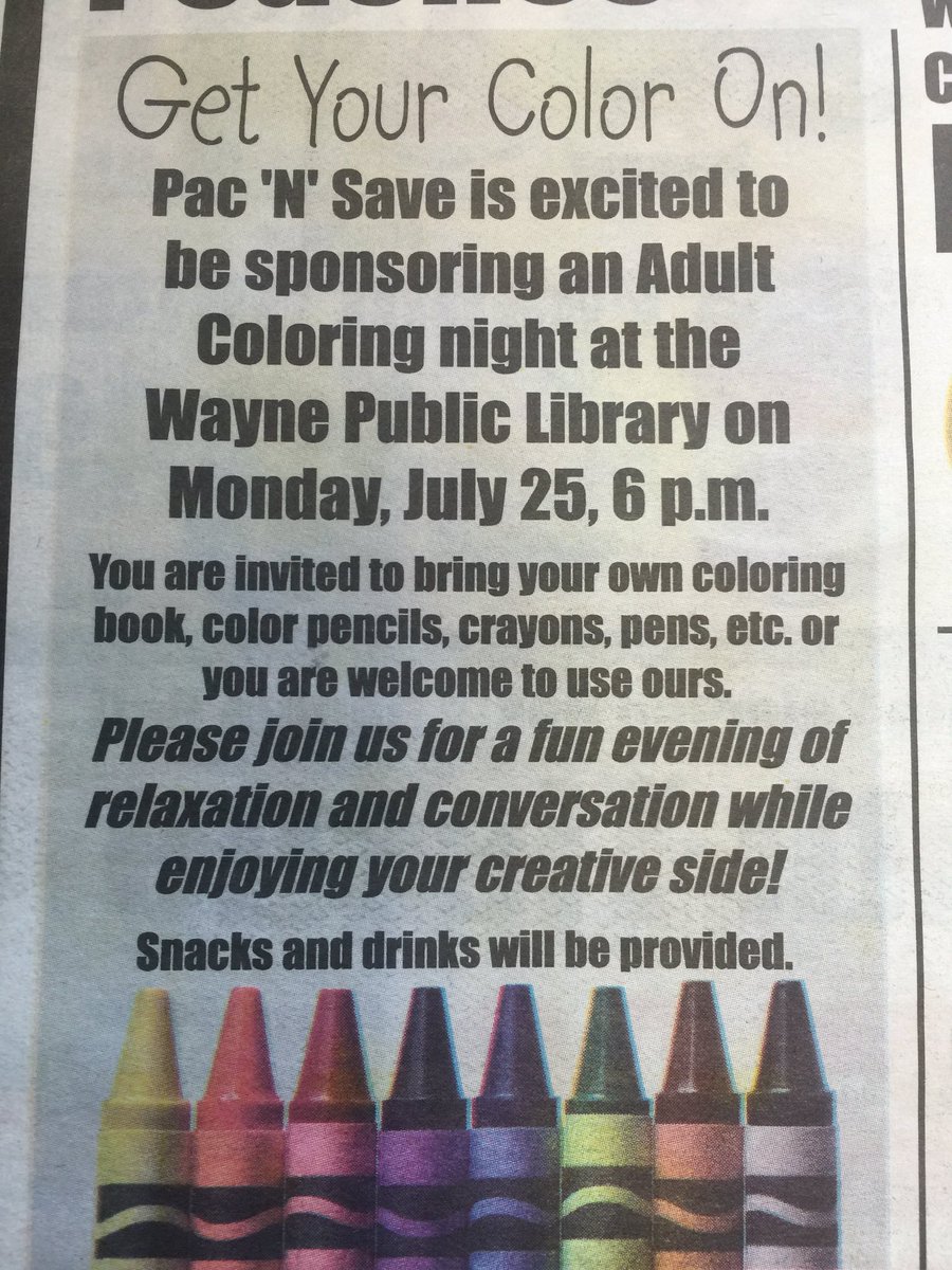 PacNSaveWayne's tweet photo. Want a way to beat the heat??? Join us for coloring night Monday at the library.  See you there!!! https://t.co/EPSqOSRRpI