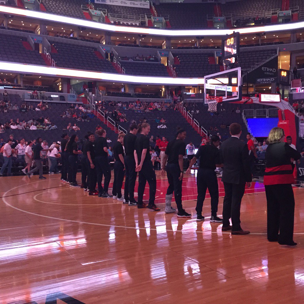 gene_wang's tweet photo. Mystics players wearing black T-shirts in support of Black Lives Matter movement. Warmups usually red &amp; blue. https://t.co/YfQPu7m6Hj