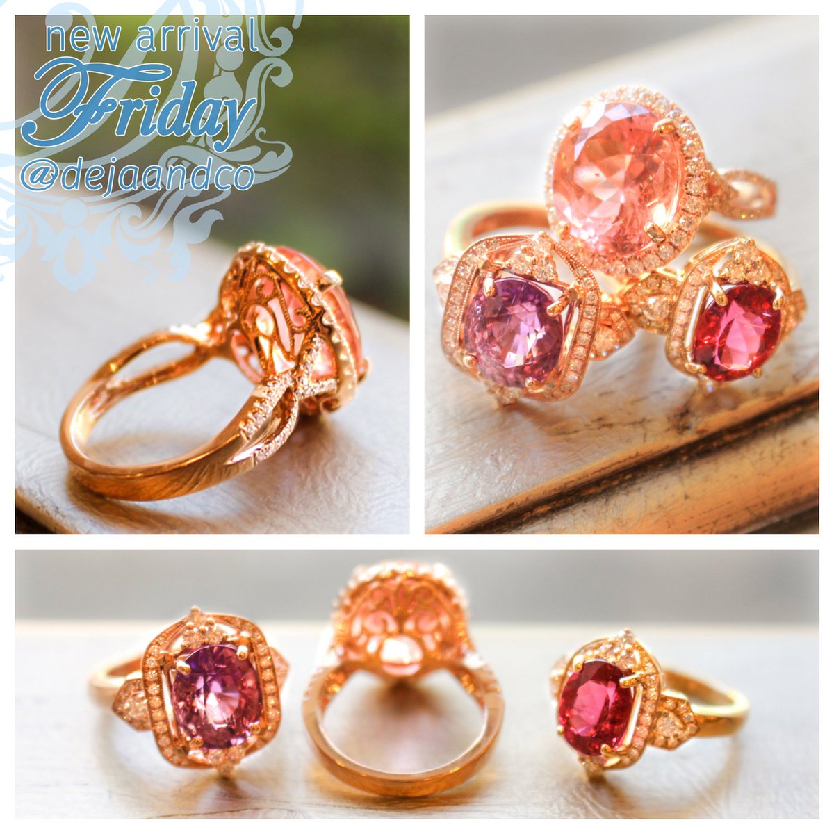 DejaAndCo's tweet photo. #NewArrivalFriday! These 3 #rings feature lovely #PinkTourmaline. Which is your favorite?  #DejaStyle #jewelry https://t.co/FT4lh237Bd