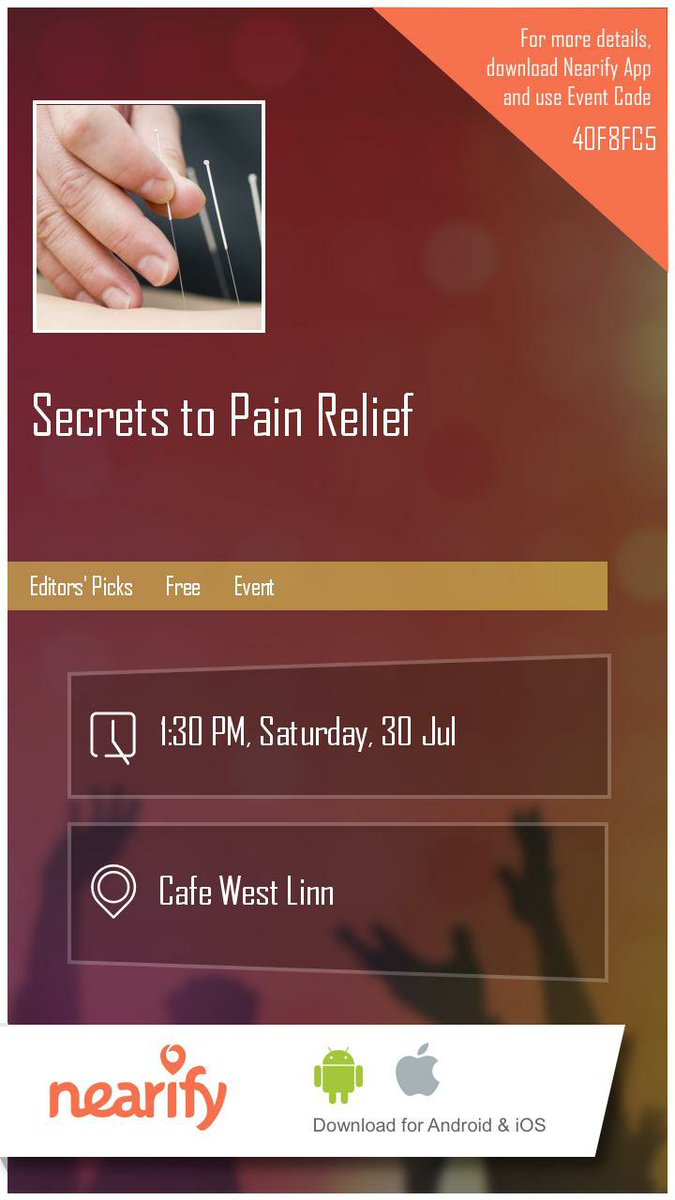 Know the Secrets to Pain Relief. Join us @CafeWestLinn nearify.com/event/secrets-… #WestLinn  <a href="/nearifyevents/">Nearify</a> #health