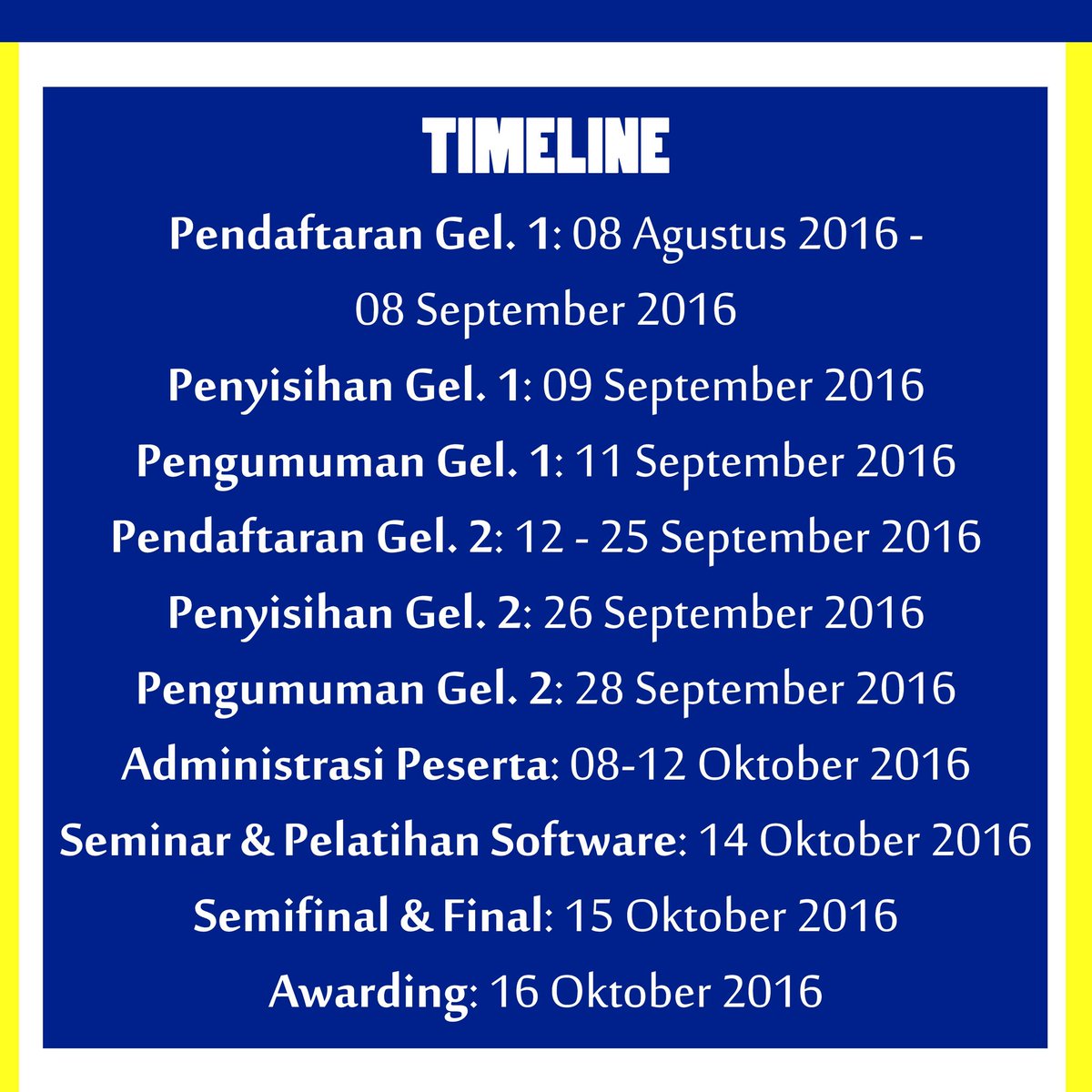 CATAT TANGGAL PENTINGNYA DAN JANGAN LUPA DAFTAR 😆

p.s: ajakin temenmu sebanyak-banyaknya buat ikutan 😉