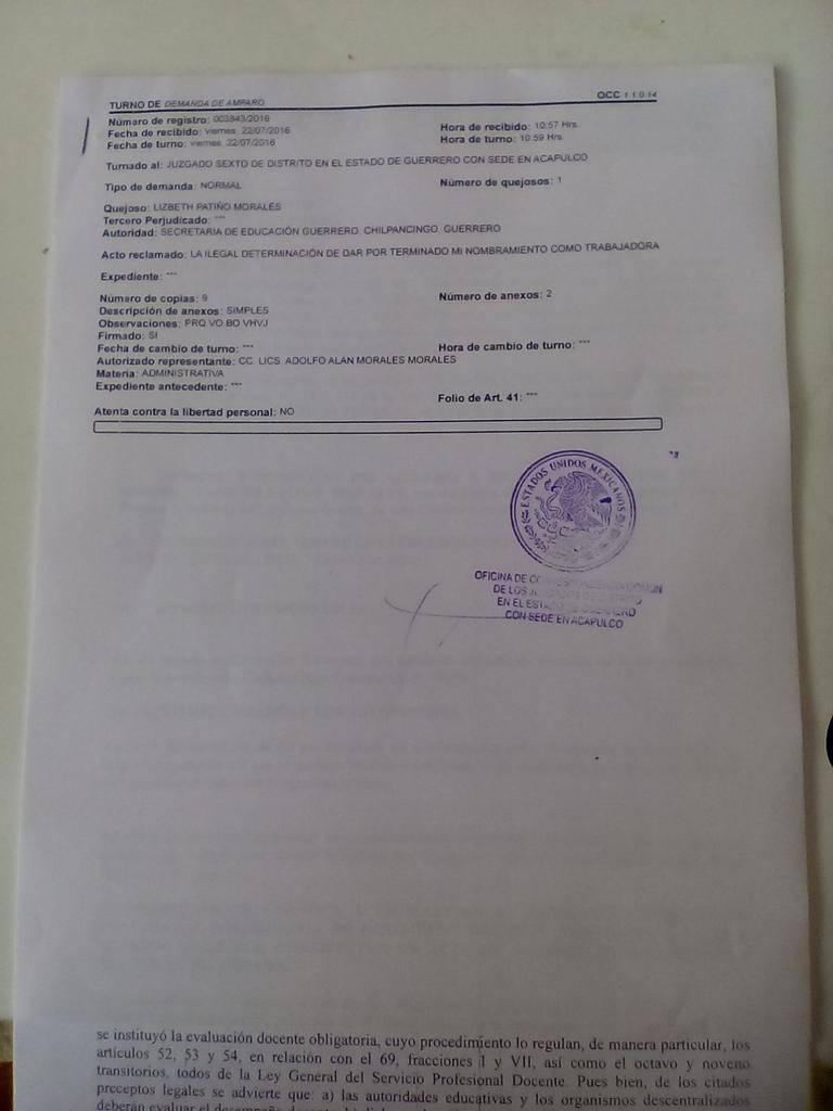 AdolfoAMorales's tweet photo. Acuse del amparo promovido en contra de la Secretaría de Educación Guerrero por despido o cese de nombramiento. https://t.co/Gxa7Qs0wvc