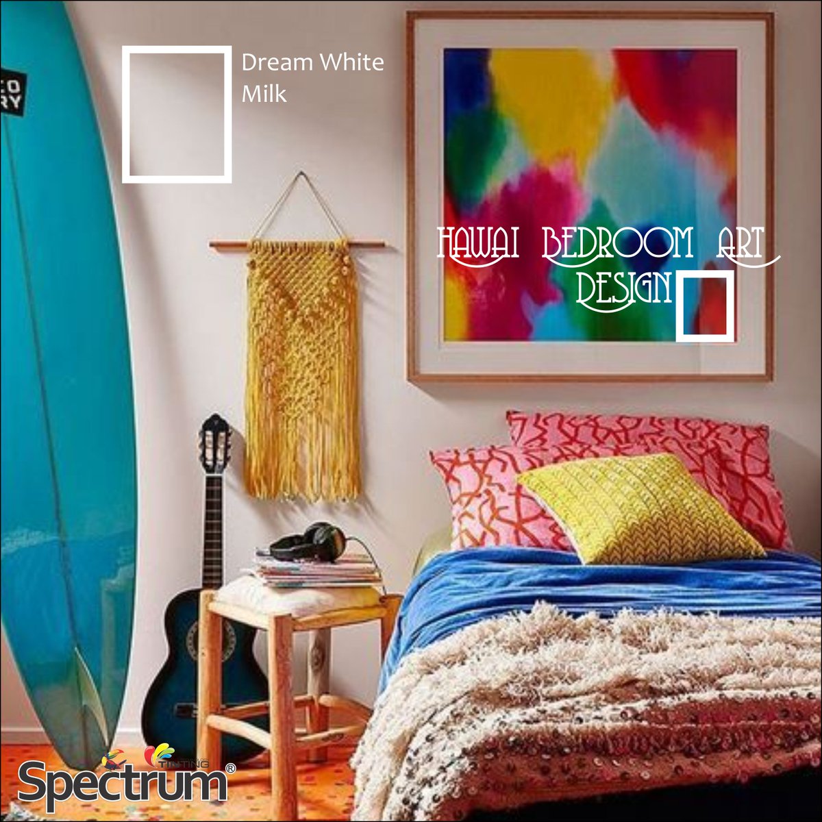 Membuat kamar tidur cantik serasa di hawai, dengan ciri khas papan surfing dan hiasan warna warni yang nyentrik.