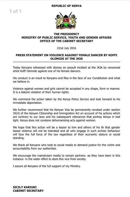 Assita_Kanko's tweet photo. #KoffiOlomide to be deported."Violence against women &amp;girls cannot be accepted in any form,shape or manner" #Kenya https://t.co/J2m6oJhuP8