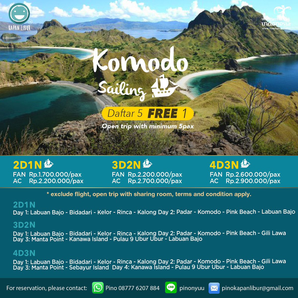 kapanlibur's tweet photo. Komodo Sailing yuk tahun ini mumpung 5 free 1 nih 💙💙💙 https://t.co/7AfroJx4SK