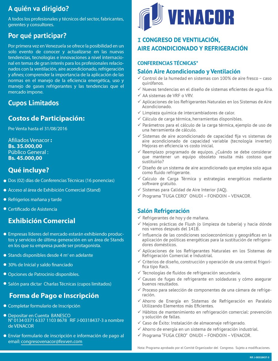 RevistaVenacor's tweet photo. #CongresoVenacor2016 19 y 20 de Octubre @Pestana_Caracas Programa de Conferencias. Inscripciones Abiertas #PreVenta https://t.co/9PM6XtsPL8