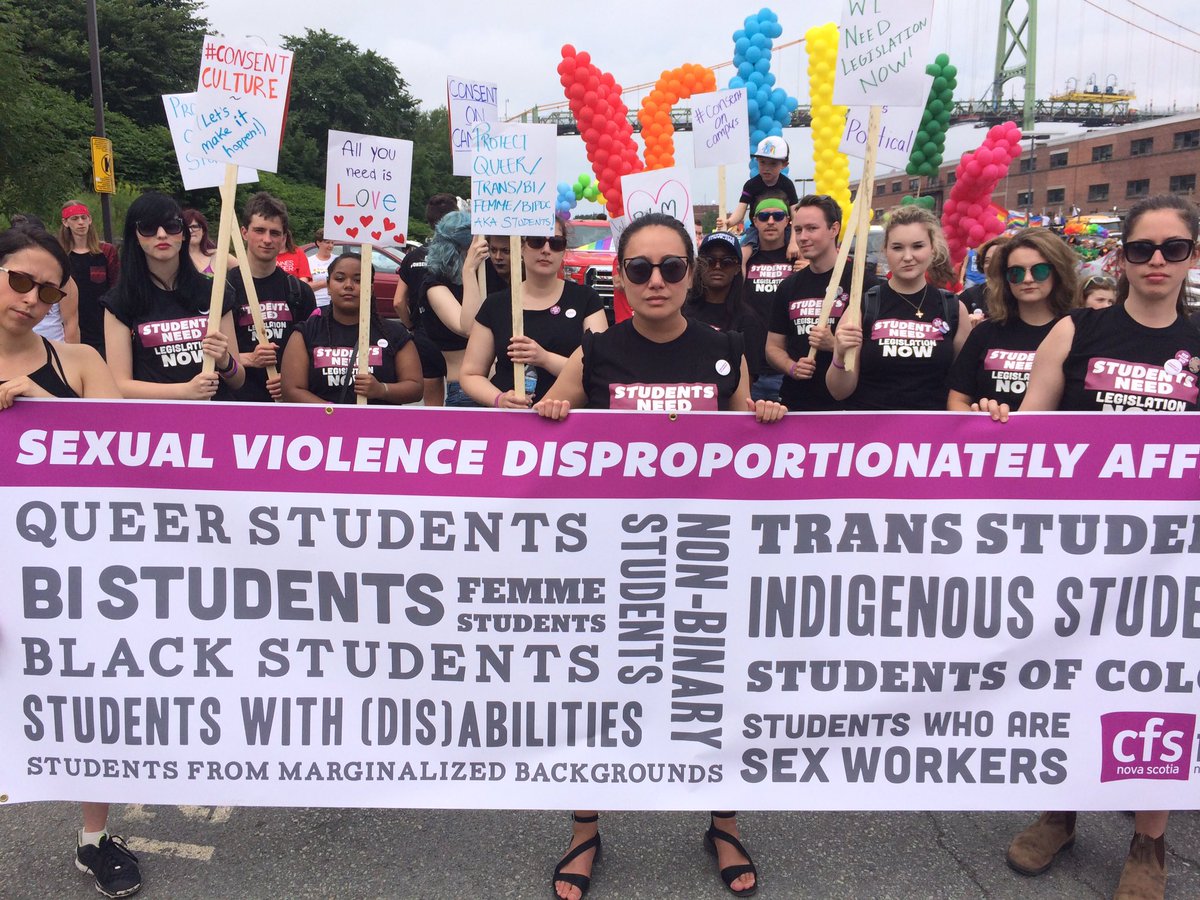 cfsns's tweet photo. Students are marching in Pride and calling on @NSLiberal to pass legislation to combat sexual violence. #nspoli https://t.co/4OCyy1o15x
