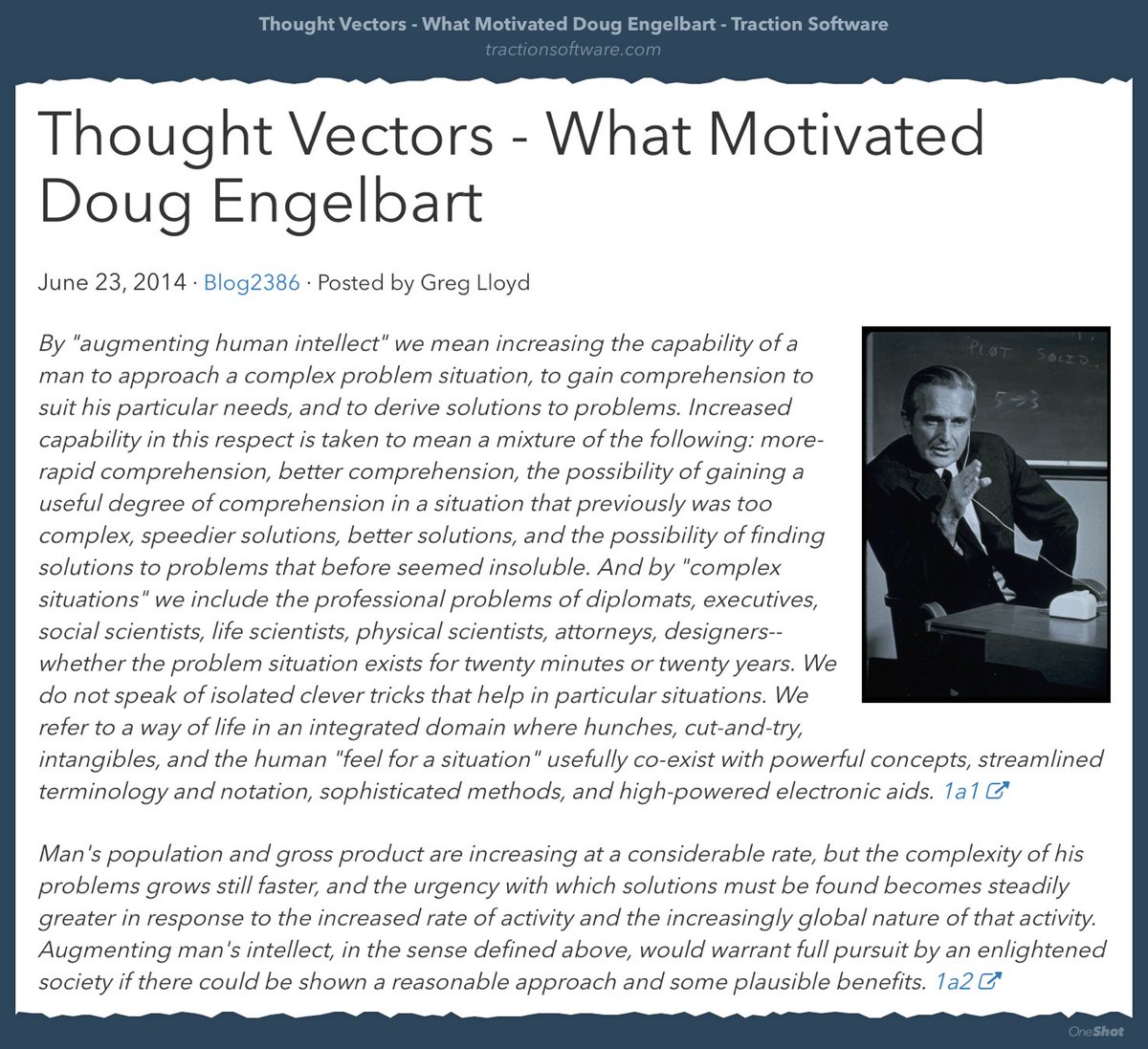 roundtrip's tweet image. Doug Engelbart on &quot;augmenting human intellect&quot; #thoughtvectors tractionsoftware.com/traction/perma…