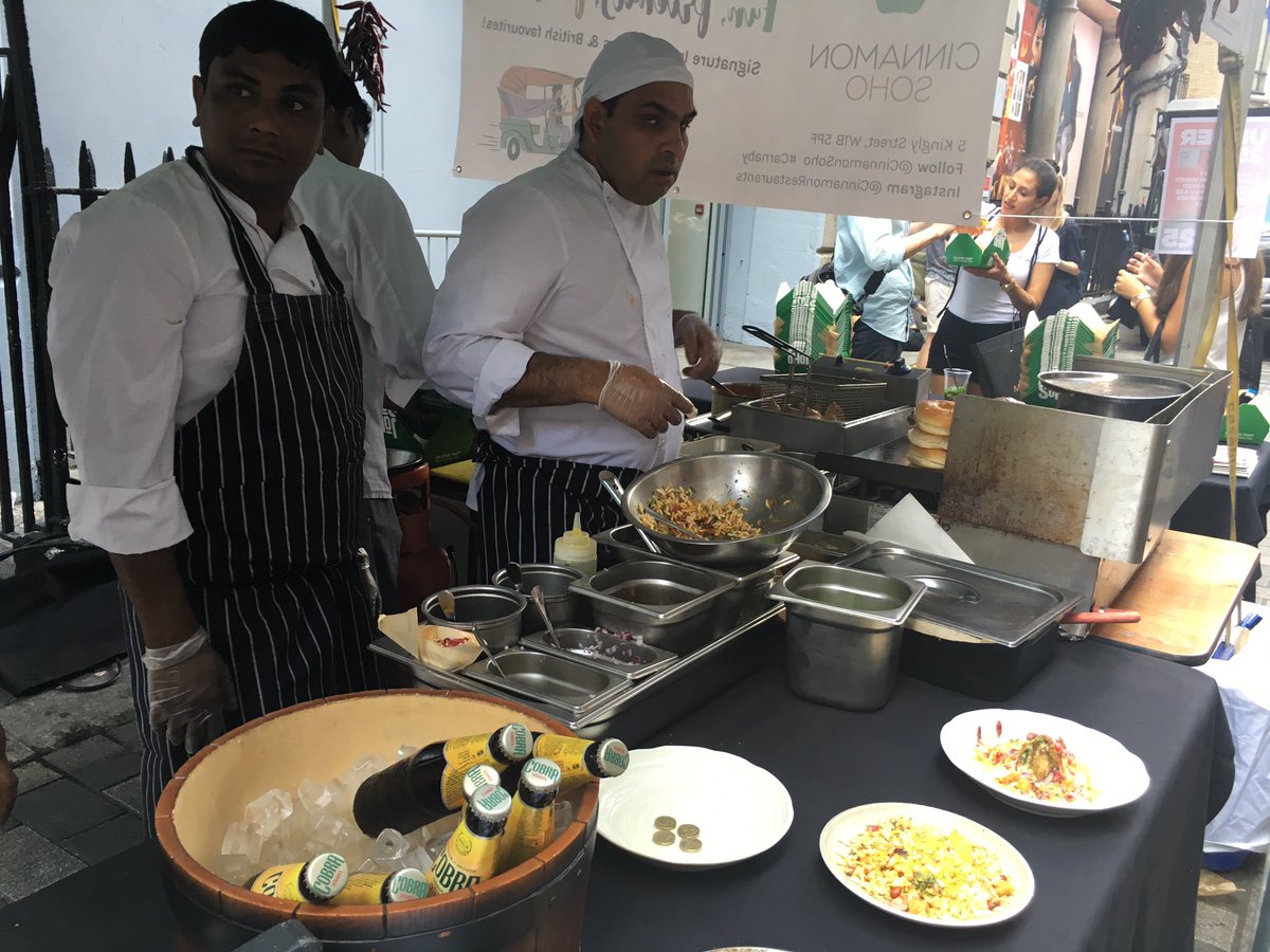 harinagaraj's tweet photo. Spicy #lamb burger #samosa chaat #jhal muri flying @cinnamonsoho #carnaby street fest https://t.co/d9ZGqhI7xF
