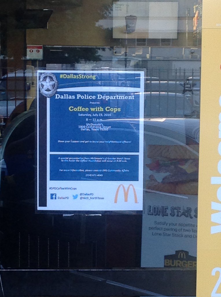 DPDCA's tweet photo. Join us at McDonalds at 1000 Commerce st for Coffee with Cops from 8am-11am. #DallasStrong  #DPDCoffeewithCops https://t.co/Gr18bDdoZV