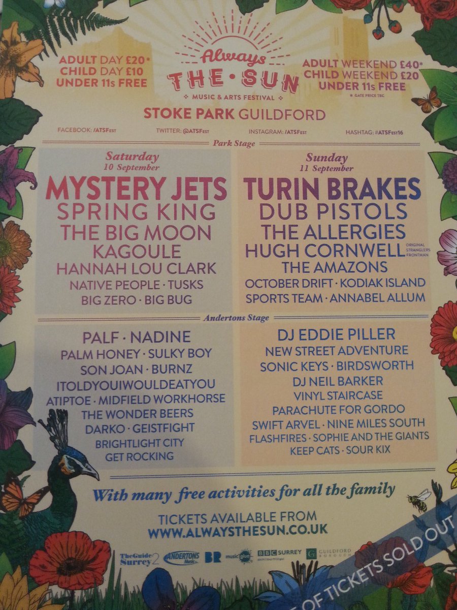 101andyhibberd's tweet photo. Now selling tickets for Guildford's Always The Sun festival 10-11 Sept
@MysteryJets @TurinBrakes @ATSFest @Boileroom https://t.co/ePUbRZSZdM