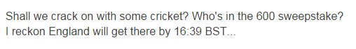 Get your guesses in!

Use #bbccricket 

bbc.in/2ai0P4F
#ENGvPAK