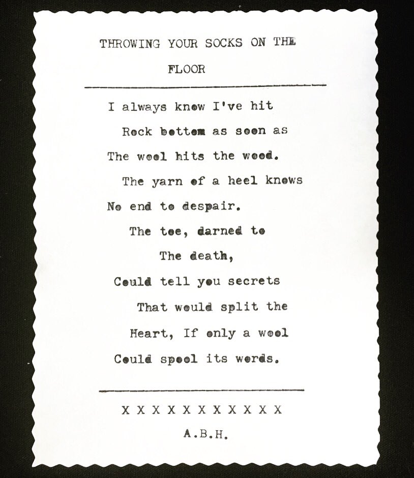 amberhsu's tweet photo. Hey look it's a poem I wrote on socks for @onepoundpoems, back in May at @OffprintProject @tate #poetry #nobackspace https://t.co/w1ZnP5ENuy