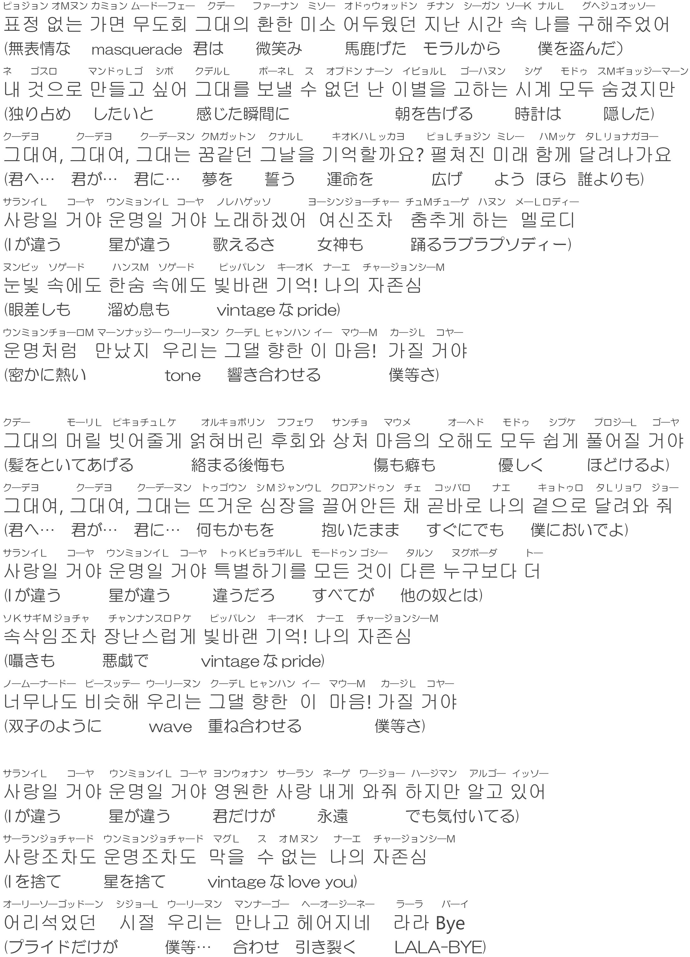 じす太 9 18 25 ヒロ様及びシン ドハファンの皆様のために韓国語版prideの歌詞 にフリガナを付けてみました カラオケ等でご活用下さい 対応する日本語の歌詞をタイミングに合わせて下に併記しました 後に母音の付かない子音はアルファベットで表記