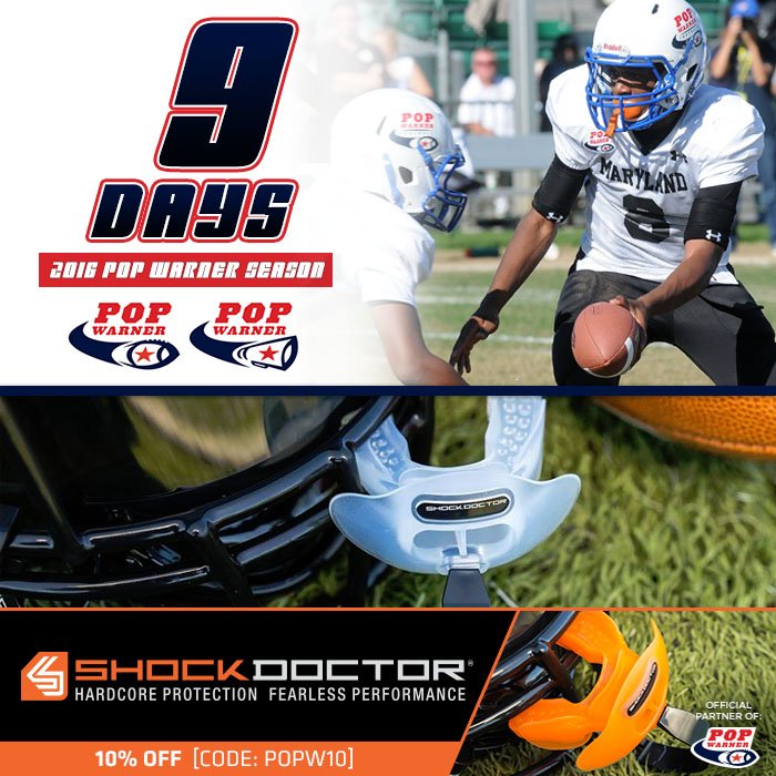 Pop_Warner's tweet photo. 9 Days until the season! Save 10% on @ShockDoctor products - our Official Mouthguard provider. #HardcoreProtection https://t.co/An9UurPqEY