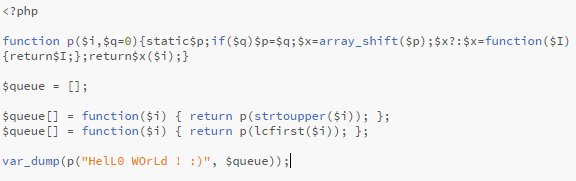TheBlueSweet's tweet image. function p($i,$q=0){static$p;if($q)$p=$q;$x=array_shift($p);$x?:$x=function($I){return$I;};return$x($i);} #phpGolf