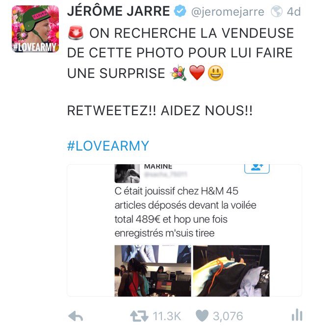 jeromejarre's tweet photo. ON L'A RETROUVÉ !!! ELLE SOUHAITE RESTER ANONYME MAIS ELLE A UN MESSAGE À VOUS FAIRE PASSER ☮ #LOVEARMY https://t.co/eovoR3hfE8