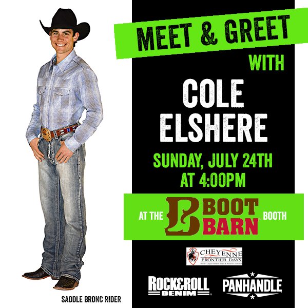 Come meet &amp; greet with saddle bronc rider, Cole Elshere, at the <a href="/bootbarn/">Boot Barn</a> booth! #TeamPanhandleWW #TeamRockandRoll