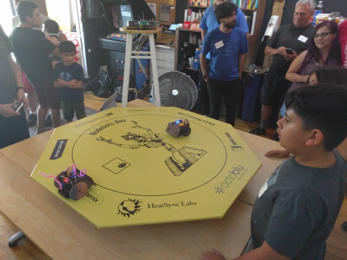 The battles in the Octagon of Death have begun!  <a href="/nodebotsday/">NodeBots Day</a> PHX