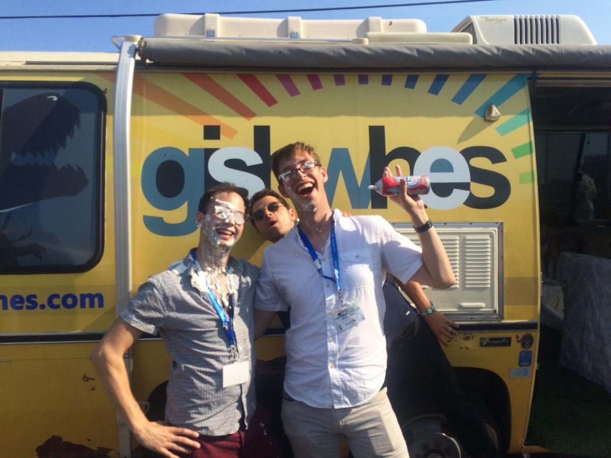 mishacollins's tweet photo. Me &amp; @tryguys tried to keep things clean at the @Gishbus. (It almost worked.) #SDCC2016 https://t.co/D8Tz7YA7Ag