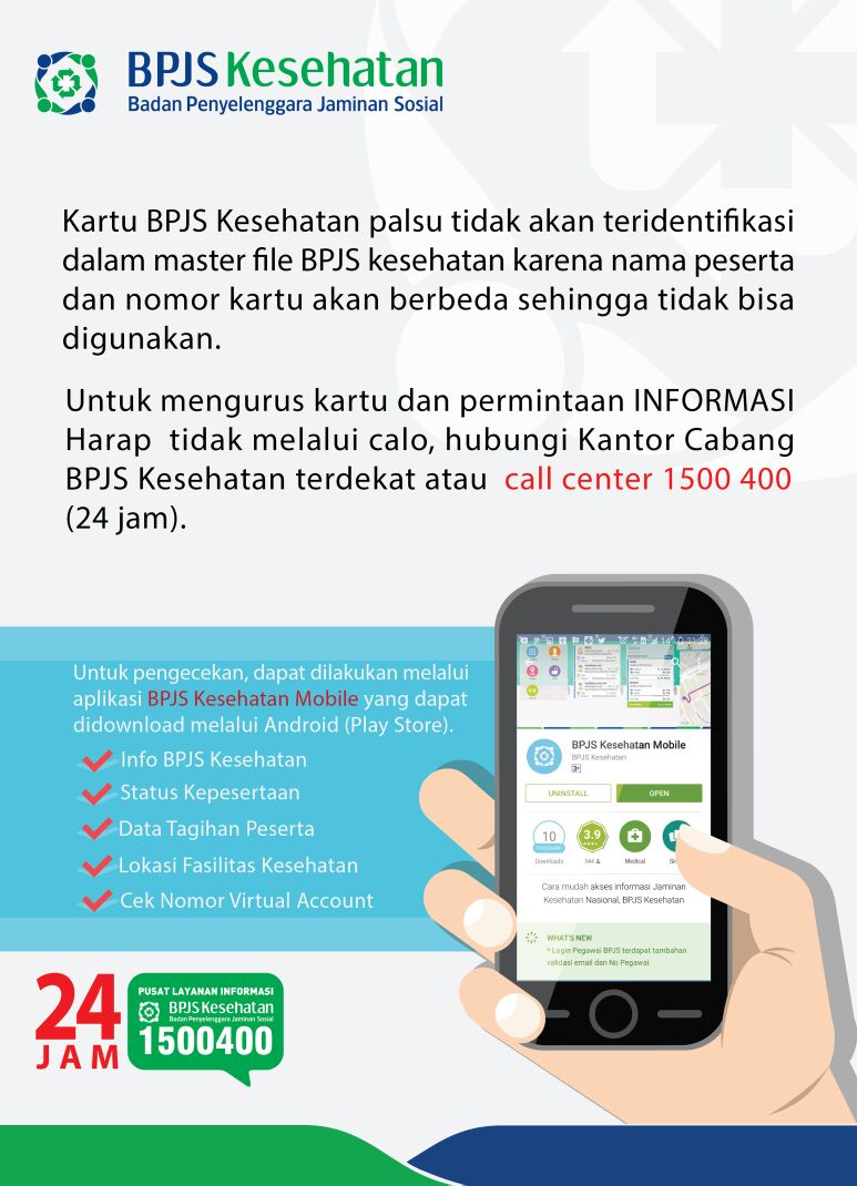 BPJSKesehatanRI's tweet photo. Hindari calo agar terhindar dari pemalsuan kartu. Cek status kepesertaan melalui app BPJS Kesehatan Mobile / 1500400 https://t.co/ioS9frnuhH