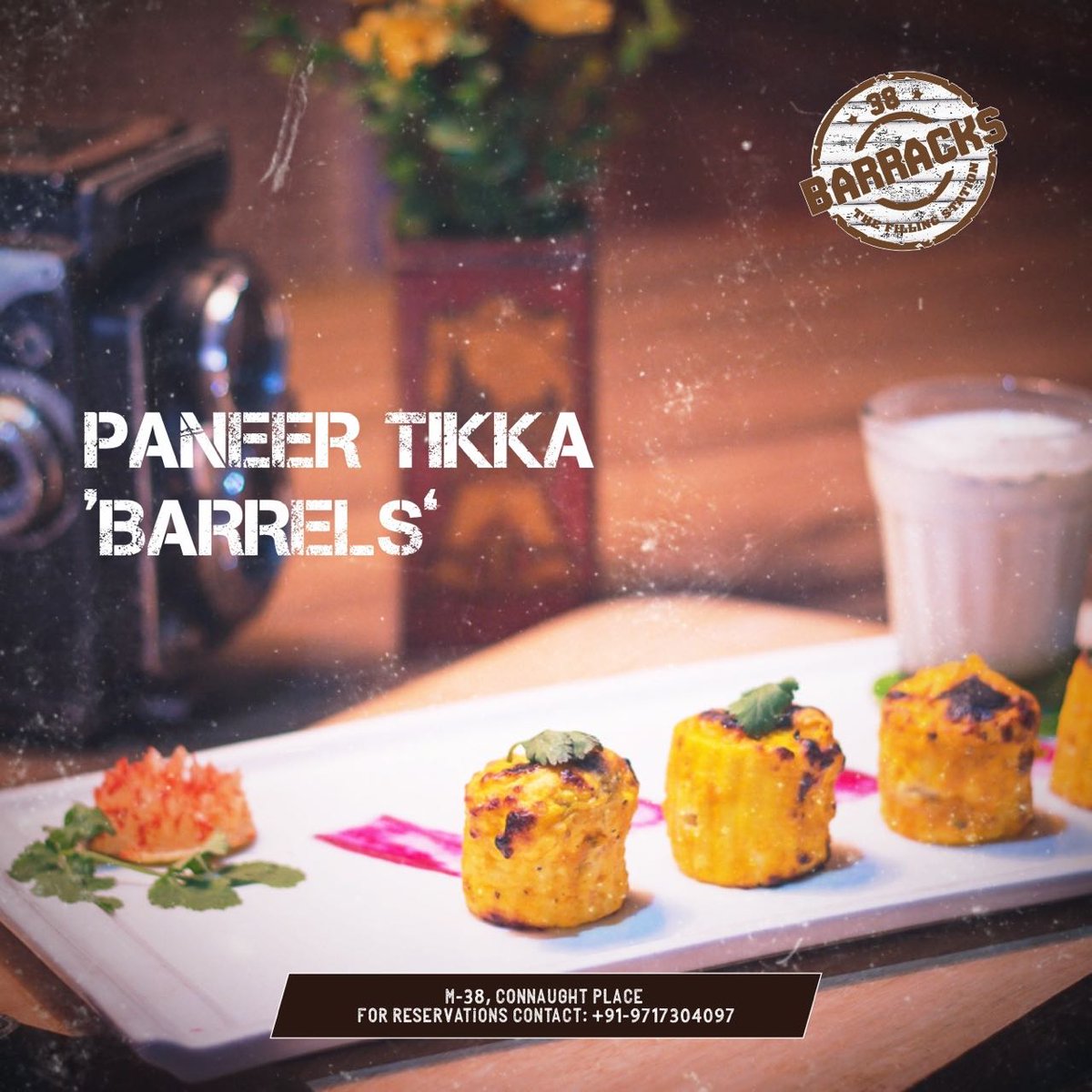 Paneer Tikka Barrels - Soft, delicious and perfectly paired with mint chutney. #38Barracks #connaughtplace