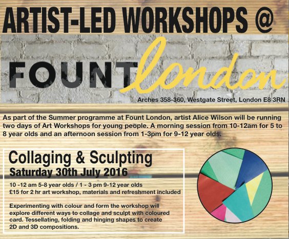 alicewilsonart's tweet photo. Collaging and Sculpting workshop this Saturday @fountlondon 10am-12pm for ages 5-8. 1pm-3pm for ages 9-12.  £15 https://t.co/3dL1YsCic6