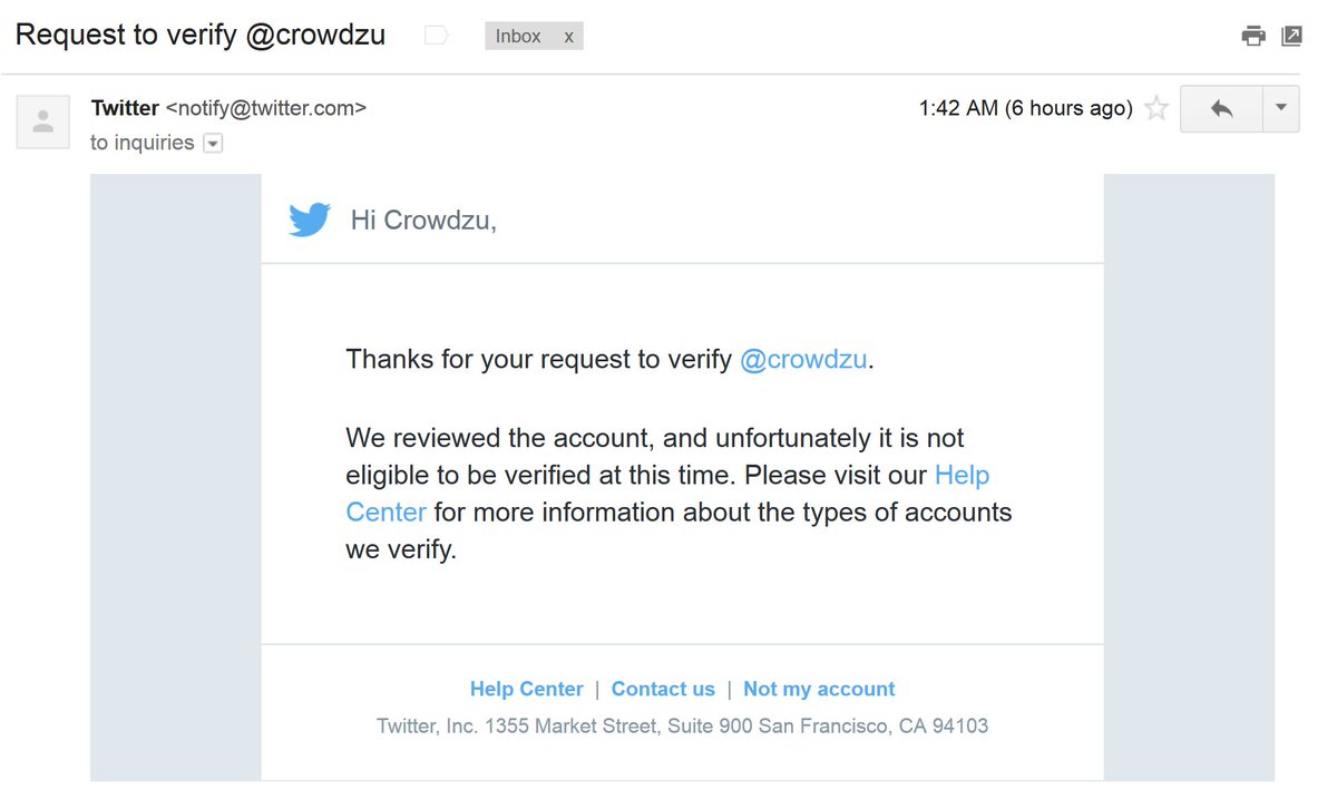 crowdzu's tweet photo. @twitter Why the #verify request rejection when as far as we can tell we meet all your requirements? https://t.co/5m3jxjnn2e