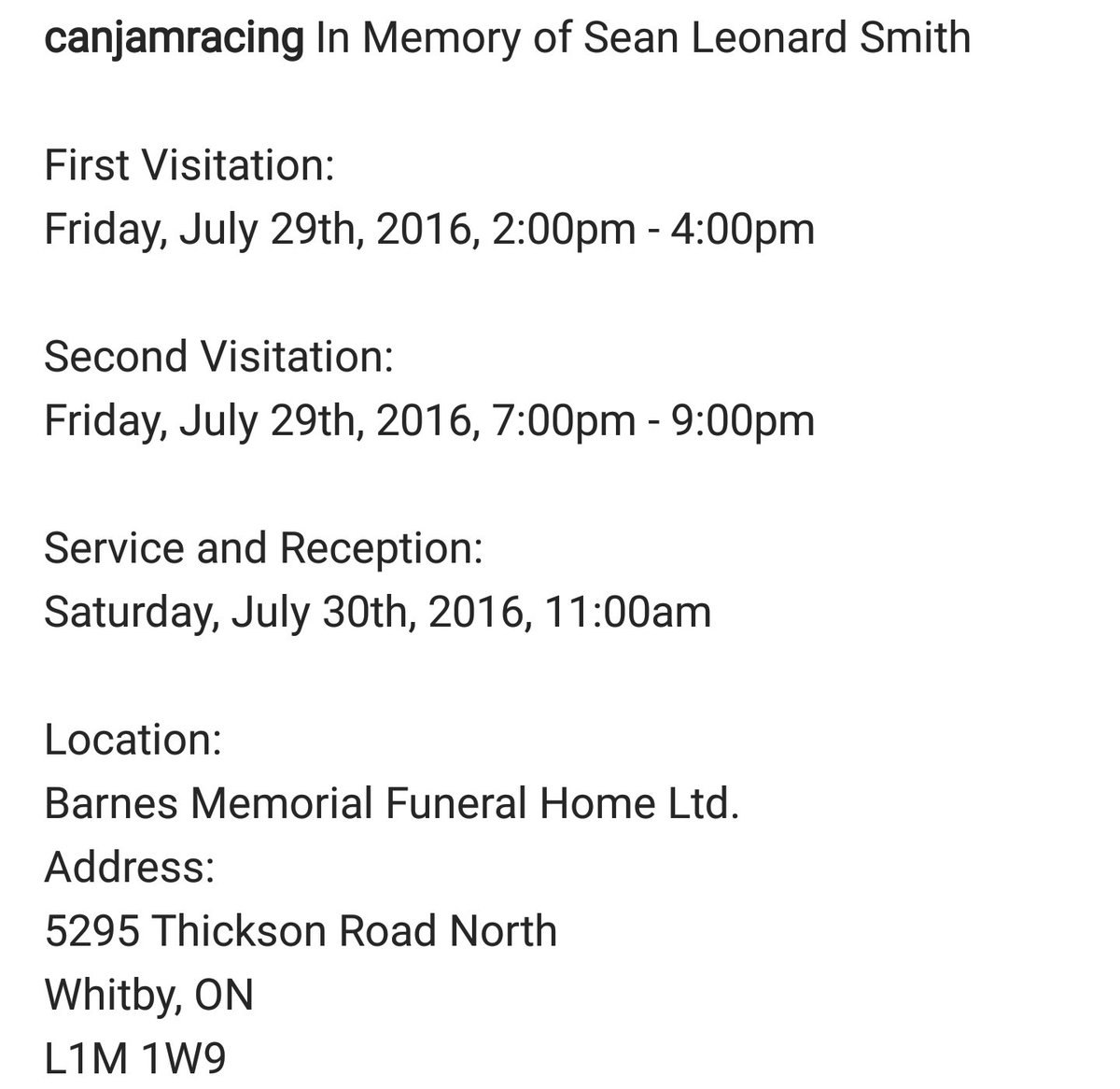 Sean's Memorial Service and Visitation details