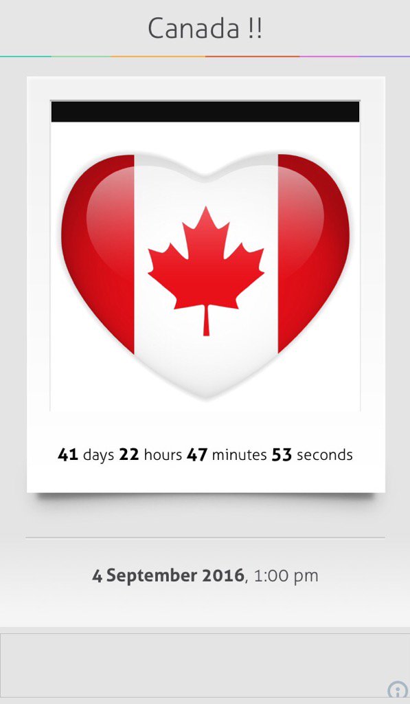 AmyE_Smith's tweet photo. 41 days 22 hours 47 minutes to Canada !! (04/09/2016, 13:00) #JustCantWait https://t.co/0ZYLpKGnzW https://t.co/wl326x2Lzm