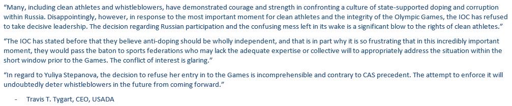 usantidoping's tweet photo. Full statement from USADA, CEO, Travis T. Tygart on today's IOC decision: https://t.co/ANvBWOoyPP
