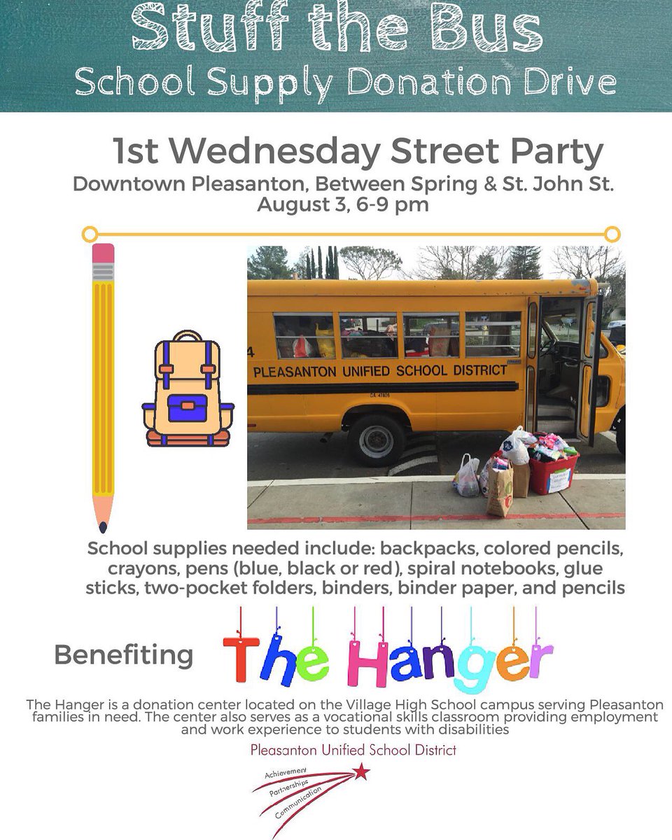 PleasantonUSD's tweet image. Help us #StuffTheBus with school supplies on August 3 at @PleasantonDT #1stwednesday! #pusdedu #BackToSchool