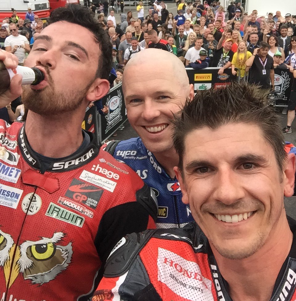 Some happy chaps there after race two - it's <a href="/MichaelLaverty/">Michael Laverty</a> <a href="/ohalloran22/">Jason O’halloran 2⃣2⃣</a> <a href="/GIrwinRacing/">Glenn Irwin</a> #ThruxtonBSB