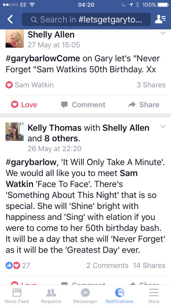 sam_watkin's tweet photo. #letsgetgarytosams50th please please come. @GaryBarlow and sing a million love songs 🙏🏿🙏🏿🙏🏿🙏🏿 https://t.co/Da58EJhkpe