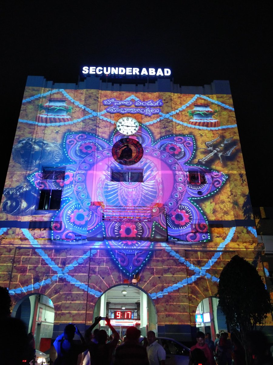 SSreevatsan's tweet photo. Secunderabad station coloured to say hpy MAHA KALI JATHRA @TOIHyderabad #Hyderabad  #festival #sunday @the_hindu https://t.co/7mEiVCYew4