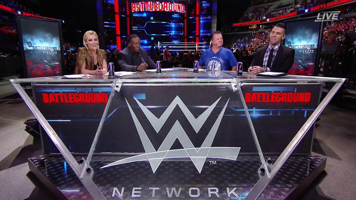 The battle lines are drawn on #WWEBattleground Kickoff LIVE! @ReneeYoungWWE <a href="/BookerT5x/">Booker T. Huffman</a> <a href="/WWEGraves/">Corey Graves</a> <a href="/JerryLawler/">Jerry Lawler</a>
