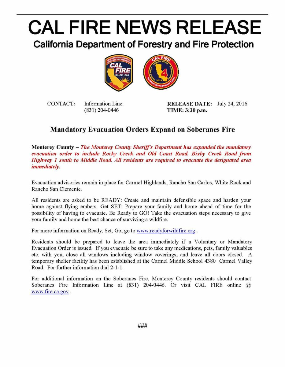 CALFIRE_PIO's tweet photo. Mandatory Evacuations expanded for the 10,262 acre #SoberanesFire in Monterey County. https://t.co/aipmmApmZk