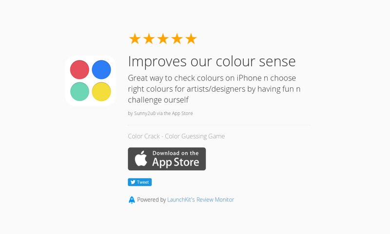ColorCrack's tweet image. 5 Star Review: "Improves our colour sense: Great way to check colours on iPhone n choose r…" launchkit.io/reviews/gmvDAv…